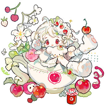1girl ahoge apple blush cherry closed_mouth cup flower food fruit full_body hair_ornament headdress highres looking_at_viewer medium_hair original pink_flower putong_xiao_gou red_eyes screentones shoes sitting smile solo square strawberry teacup white_background white_flower white_hair white_shoes worm