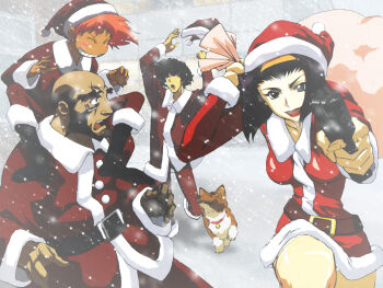 Rule 34 | 2girls, beard, belt, black belt, black footwear, blush stickers, boots, breasts, christmas, closed mouth, collar, cowboy bebop, edward wong hau pepelu tivrusky iv, ein (cowboy bebop), facial hair, faye valentine, green eyes, hairband, hat, highres, holding, holding weapon, jet black, kawamoto toshihiro, lipstick, makeup, medium breasts, multiple girls, official art, orange hair, prosthesis, prosthetic arm, purple hair, red collar, santa costume, santa hat, scar, scar across eye, scar on face, snow, spike spiegel, weapon, yellow hairband