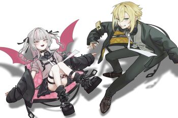 1boy 1girl :3 ankle_belt black_choker black_jacket black_pants black_ribbon black_sailor_collar black_shoes black_skirt black_socks black_straps blonde_hair blunt_bangs blush brown_shoes buttons cardigan chest_harness choker collared_shirt colored_inner_hair commentary_request convenient_leg demon_wings drill_hair flipped_hair flying full_body green_eyes grey_cardigan grey_hair grey_shirt grin hair_between_eyes hair_intakes hair_over_shoulder hair_ribbon harness headphones headphones_around_neck heart heart_choker highres jacket knees_up layered_sleeves leaning_forward leg_tattoo long_hair looking_at_viewer loose_socks makaino_ririmu miniskirt multicolored_hair multiple_thigh_straps neckerchief necktie nijisanji off_shoulder official_alternate_costume ongoforoekaki open_clothes open_jacket open_mouth pants pink_hair pink_jacket pink_streaks platform_shoes pleated_skirt pointy_ears red_eyes red_wings ribbon safety_pin sailor_collar school_uniform serafuku shirt shoes short_hair short_sleeves sidelocks signature simple_background skirt sleeves_past_wrists smile socks streaked_hair tattoo thigh_strap two-sided_fabric two-sided_jacket two-tone_hair two_side_up uzuki_kou v-shaped_eyebrows virtual_youtuber white_background white_neckerchief white_necktie winged_heart winged_heart_tattoo wings yellow_jacket zipper zipper_pull_tab