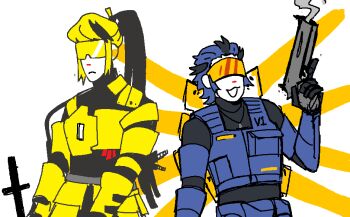 Rule 34 | 2others, :3, :d, armor, black bodysuit, blonde hair, blue hair, blue theme, bodysuit, commentary, english commentary, expressionless, flat color, glowing, glowing wings, gun, hair slicked back, handgun, head-mounted display, high ponytail, holding, holding gun, holding weapon, insignia, long hair, mecha danshi, mechanical wings, microsoft paint (medium), mspaint, multicolored hair, multiple others, onewholeunit, open mouth, orange wings, personification, pistol, ponytail, sidelocks, smile, streaked hair, sword, swordsmachine, trigger discipline, turtleneck, two-tone hair, ultrakill, v1 (ultrakill), vest, visor, weapon, white background, wings, yellow theme