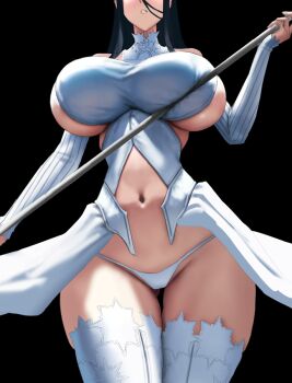 Rule 34 | 1girl, angel wings, bare shoulders, black background, black hair, blue eyes, blue hair, blush, breasts, contrapposto, covered erect nipples, cropped, detached sleeves, dress, eu03, frown, hair between eyes, halterneck, huge breasts, long hair, looking at viewer, magical girl, mahou shoujo (raita), multiple wings, narrow waist, navel, no bra, pleated dress, sketch, sleeves past wrists, solo, staff, suzuhara misae, turtleneck, unfinished, very long hair, weapon, wings