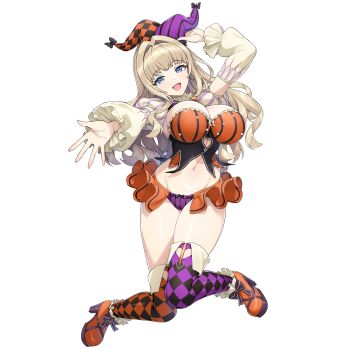 bikini blonde_hair blue_eyes boots breasts cleavage dolphin_wave game_cg hair_intakes hat hat_bell highres jester jester_cap jester_costume kirahoshi_kanna large_breasts long_hair multicolored_hat navel non-web_source official_art ootomo_takuji open_mouth smile striped_clothes striped_headwear swimsuit thigh_boots transparent_background vertical-striped_clothes vertical-striped_headwear wavy_hair