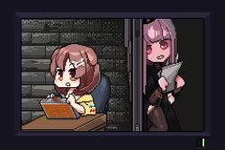 2girls :3 animal_ears animated brown_eyes brown_hair dog_ears dog_girl english_text engrish_text explosion hololive hololive_english inugami_korone inugami_korone_(1st_costume) keep_talking_and_nobody_explodes mori_calliope mori_calliope_(1st_costume) multiple_girls pink_eyes pink_hair pixel_art ranguage ronin_(zeth_total) screen video virtual_youtuber