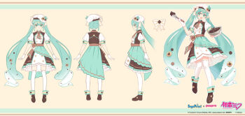 1girl aqua_eyes aqua_hair artist_request chef cookie food full_body hatsune_miku long_hair model_sheet ribbon shoes skirt source_request twintails vocaloid