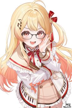 1girl ahoge bespectacled blonde_hair blush glasses hair_ornament hair_ribbon highres hololive hololive_dev_is long_hair open_mouth otonose_kanade red_eyes ribbon shirt solo standing uekana9 upper_body virtual_youtuber white_shirt