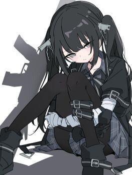 Rule 34 | 1girl, bandaged arm, bandages, black boots, black choker, black hair, black jacket, black pantyhose, black ribbon, boots, choker, closed mouth, commentary request, dress, expressionless, grey dress, grey eyes, gun, highres, hugging own legs, jacket, knees up, kurobe nanoka, long hair, looking at viewer, mahou shoujo no majo saiban, neck ribbon, no headwear, pantyhose, ribbon, rifle, sitting, solo, twintails, waipiiy, weapon, white background