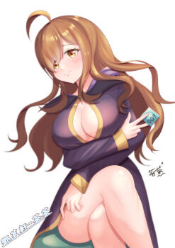 1girl artist_request breasts brown_hair cleavage female_focus hair_over_one_eye kono_subarashii_sekai_ni_shukufuku_wo! large_breasts purple_robe robe solo thighs wide_sleeves wiz_(konosuba) yellow_eyes