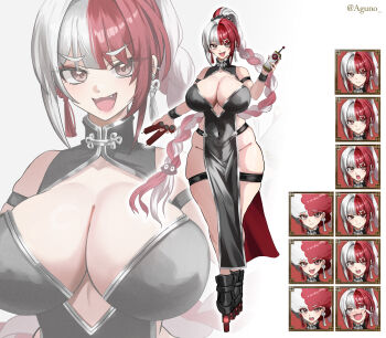 1girl absurdres alternate_breast_size_(larger) arm_strap bare_shoulders black_dress blush braid braided_ponytail breasts brown_eyes china_dress chinese_clothes cleavage cleavage_cutout clothing_cutout commentary_request covered_navel detonator dress dynamite earrings explosive fate/grand_order fate_(series) food full_body high_ponytail highres huge_breasts inline_skates jewelry long_hair looking_at_viewer matsunaga_hisahide_(fate) multicolored_hair multiple_views open_mouth pelvic_curtain ponytail red_hair roller_skates shibao_aoyama side_slit silver_trim skates smile split-color_hair thigh_strap white_hair wrist_cuffs