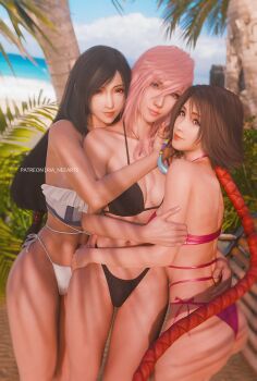 3girls adapted_costume artist_name ass bare_legs beach bikini black_bikini black_hair blue_eyes breasts brown_eyes brown_hair commentary final_fantasy final_fantasy_vii final_fantasy_vii_rebirth final_fantasy_vii_remake final_fantasy_x final_fantasy_x-2 final_fantasy_xiii frilled_bikini frills green_eyes group_hug heterochromia highres hug in-franchise_crossover large_breasts lightning_farron long_hair low-tied_long_hair multiple_girls palm_tree patreon_username pink_bikini pink_hair ponytail ria_(baka-neearts) side-tie_bikini_bottom smile swimsuit symbol-only_commentary thighs tifa_lockhart tifa_lockhart_(shining_spirit) tree yuna_(ff10)