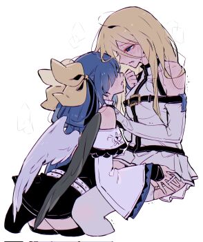 2girls angel_wings bare_shoulders between_legs black_dress blonde_hair blue_eyes blue_hair blush bow breasts corrupted_twitter_file dizzy_(guilty_gear) dress feathered_wings garter_straps genderswap genderswap_(mtf) guilty_gear guilty_gear_strive guilty_gear_x guilty_gear_xrd guilty_gear_xx hair_bow hand_on_another&#039;s_thigh highres ky_gwangin ky_kiske kyko long_hair multiple_girls open_mouth pleated_skirt simple_background skirt small_breasts sweat thighhighs thighs white_background white_dress white_thighhighs wings yellow_bow yuri