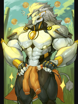 1boy banyue_(zenless_zone_zero) bara claws clothes_around_waist commentary english_commentary grey_hair hands_on_own_hips highres long_hair looking_at_viewer male_focus mixter_art muscular muscular_male notice_lines orb penis penis_peek robot_boy tail zenless_zone_zero