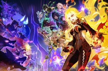 2boys 6+girls absurdres abyss_mage_(genshin_impact) aura biker_clothes bikesuit black_bodysuit blonde_hair body_markings bodysuit braid breasts chasca_(genshin_impact) citlali_(genshin_impact) cleavage earrings facial_mark fiery_hair fighting_stance genshin_impact gloves glowing hair_between_eyes highres hilichurl_(genshin_impact) iansan_(genshin_impact) jewelry kachina_(genshin_impact) kinich_(genshin_impact) lawachurl long_hair long_sleeves mask mavuika_(genshin_impact) mitachurl_(genshin_impact) monster mualani_(genshin_impact) multicolored_hair multiple_boys multiple_girls official_alternate_hair_color open_mouth orange_eyes orange_hair ororon_(genshin_impact) pink_hair sakon04 twin_braids very_long_hair xilonen_(genshin_impact)