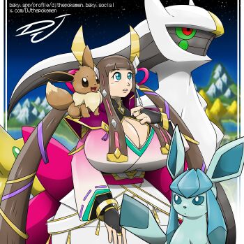absurdres arceus blue_eyes breasts brown_hair cleavage cleavage_cutout clothing_cutout eevee gen_1_pokemon gen_4_pokemon glaceon hair_ornament heroine_(pokemon_conquest) highres huge_breasts inkbooba japanese_clothes kimono legendary_pokemon lips long_bangs long_hair mythical_pokemon nintendo obi on_shoulder pokemon pokemon_(creature) pokemon_conquest pokemon_on_shoulder sash sengoku_musou twintails very_long_hair