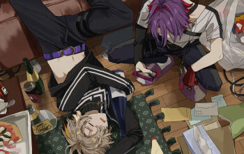 2boys alcohol belt blonde_hair colored_inner_hair fura_kanato gloves highres holding holding_phone indoors lying male_focus matsuhago midriff multicolored_hair multiple_boys nijisanji on_back on_floor pants phone purple_hair rug shirt short_hair squatting taking_picture trash_bag turtleneck two-tone_hair virtual_youtuber watarai_hibari white_shirt