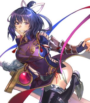 1girl ao_no_kiseki breasts china_dress chinese_clothes clothing_cutout commission cross-laced_clothes cross-laced_cutout dress eiyuu_densetsu fingerless_gloves gauntlets gloves greatsword hair_between_eyes hair_rings highres hiro_(hirohiro_gorira) holding holding_sword holding_weapon huge_weapon large_breasts looking_at_viewer medium_hair purple_eyes purple_hair rixia_mao simple_background single_fingerless_glove single_gauntlet single_hair_ring skeb_commission smile solo sword tassel thighhighs weapon