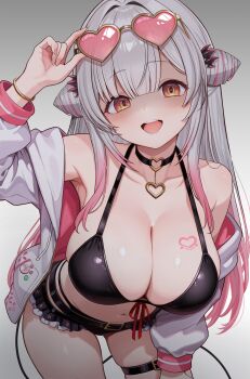 1girl absurdres belt bent_over bikini black_bikini black_choker breast_tattoo breasts choker cleavage crazy crazy_eyes cropped_legs daysss eyewear_on_head front-tie_bikini_top front-tie_top gradient_hair grey_hair heart heart-shaped_eyewear heart_choker highres indie_virtual_youtuber jacket large_breasts long_hair looking_at_viewer multicolored_hair navel off_shoulder open_clothes open_jacket open_mouth pink_hair shaded_face skindentation smile solo standing sunglasses suou_patra swimsuit tattoo teeth thigh_strap upper_teeth_only virtual_youtuber white_jacket yandere yellow_eyes