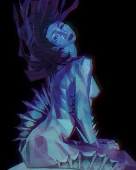 1girl absurdres arm_fins back_fin black_background commentary floating_hair from_side hands_on_lap highres long_hair looking_back mermaid monster_girl nude original painterly purple_eyes purple_hair purple_lips ribs simple_background solo symbol-only_commentary twulfs