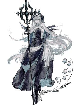 0onamae 1girl black_dress blue_eyes dress fate/grand_order fate_(series) full_body hair_between_eyes highres holding holding_polearm holding_weapon long_hair looking_at_viewer morgan_le_fay_(apex)_(fate) morgan_le_fay_(fate) polearm simple_background solo standing two-tone_dress very_long_hair weapon white_hair