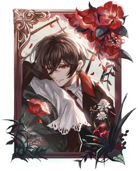 1boy absurdres arm_rest ayn_alwyn ayn_alwyn_(godheim) black_bow black_bowtie black_gloves black_hair black_jacket border bow bowtie chinese_commentary closed_mouth collared_shirt commentary_request cross cross_earrings crossed_bangs earrings falling_petals flower glint gloves hair_between_eyes highres jacket jewelry lapel_pin layered_sleeves long_sleeves looking_at_flowers lovebrush_chronicles male_focus outside_border petal_on_head petals picture_frame red_eyes red_flower ribbon_earrings shirt short_hair smile snow234 solo upper_body white_border white_flower white_shirt