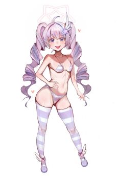 1girl absurdres ahoge bare_arms bikini blue_archive breasts commentary_request curvy drill_hair full_body hair_ornament halo hand_on_own_hip heart highres long_hair looking_at_viewer navel open_mouth pink_hair ppulbeoseot purple_eyes purple_hair reisa_(blue_archive) reisa_(magical)_(blue_archive) simple_background small_breasts smile standing star_(symbol) star_hair_ornament star_halo striped_bikini striped_clothes striped_thighhighs swimsuit thighhighs twintails white_background wide_hips