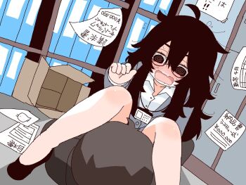 Rule 34 | 1boy, 1girl, @ @, accidental pervert, ahoge, black shoes, blush, box, buttons, cardboard box, collared shirt, commentary request, flying sweatdrops, glasses, grey jacket, hair between eyes, id card, jacket, lanyard, lapels, long hair, messy hair, mojyo, nervous sweating, open mouth, original, papers, rottedchun, shirt, shoes, sitting, sitting on face, sitting on person, sweat