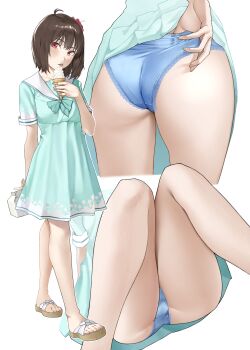 Rule 34 | 1girl, absurdres, adjusting clothes, adjusting panties, ahoge, aqua dress, ass, blue panties, blush, brown hair, clothes lift, commission, dress, dress lift, flower, food, full body, hair flower, hair ornament, highres, ice cream, lace, lace-trimmed panties, lace trim, looking at viewer, multiple views, osanai yuki, panties, red eyes, sailor dress, sandals, satin, satin panties, saya endo (27), short hair, shoushimin series, skeb commission, thighhighs, toes, tongue, tongue out, underwear