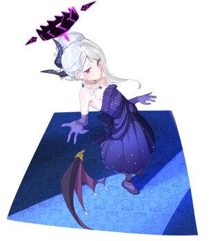 1girl absurdres black_halo blue_archive blush breasts demon_girl demon_horns demon_wings dress earrings elbow_gloves gloves halo highres hina_(blue_archive) hina_(dress)_(blue_archive) horns jewelry long_hair looking_at_viewer low_wings necklace pendant purple_dress purple_eyes purple_gloves small_breasts solo standing white_hair wings zimu_youzi_cha