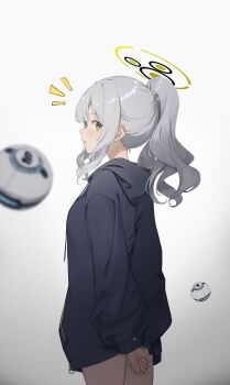 1girl absurdres arms_behind_back black_hoodie blue_archive blush commentary_request dampi green_eyes green_halo grey_hair halo hare_(blue_archive) highres hood hoodie korean_commentary looking_at_viewer millennium_science_school_logo ponytail simple_background solo