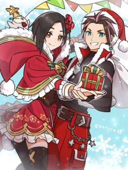 1boy 1girl belt bird black_hair black_thighhighs box brown_eyes christmas closed_mouth fingerless_gloves gift gift_box gloves hair_ornament highres hood hood_down hootle_(tales) katsura_ichiho law_(tales) looking_at_viewer owl rinwell_(tales) short_hair skirt smile tales_of_(series) tales_of_arise thighhighs