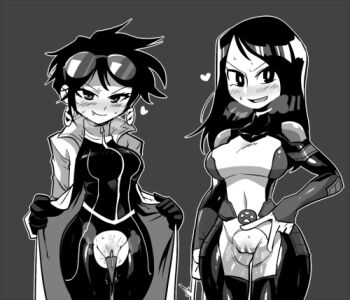 10s 2girls black_hair blush breasts crotchless female_focus hiryou_man_(crap-man) jubilee lowres marvel monochrome multiple_girls pussy pussy_juice rariatto_(ganguri) simple_background tagme uncensored wide_hips x-23 x-men