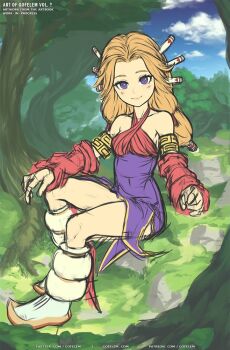 1girl blonde_hair blue_eyes breasts closed_mouth criss-cross_halter detached_sleeves dress full_body gofelem hair_ornament hair_tubes halterneck imu_(lom) legend_of_mana long_hair looking_at_viewer seiken_densetsu smile solo