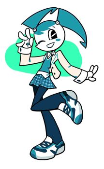 1girl alternate_costume android aqua_hair black_eyes blazer blue_hair blue_pantyhose blue_skirt blue_vest casual colored_skin humanoid_robot jacket jenny_wakeman joints looking_at_viewer marshmellow_(mp_1305) my_life_as_a_teenage_robot one_eye_closed open_mouth pantyhose plaid_clothes plaid_skirt robot robot_girl robot_joints shirt shoes simple_background skirt smile sneakers solo standing standing_on_one_leg sweater_vest twintails untucked_shirt vest waving white_jacket white_shirt white_shoes white_skin