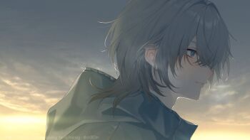 Rule 34 | 1boy, absurdres, blush, breath, commentary, eyes visible through hair, facing to the side, grey eyes, grey hair, grey hoodie, hair between eyes, hama m, highres, hood, hoodie, looking to the side, male focus, medium hair, mole, mole under eye, original, solo, teeth, twitter username, watermark