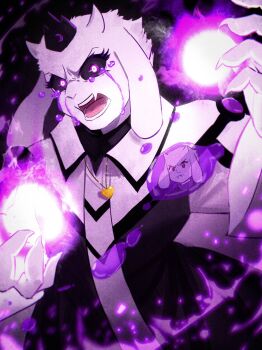 2girls absurdres alternate_universe black_background black_sclera black_tiara blood bloody_tears cape chinese_commentary collared_cape colored_sclera commentary_request dual_persona fangs film_grain fingernails fire furry furry_female glowing glowing_eyes goat_girl hanbaobaobaozhu hands_up highres horns looking_at_viewer magic multicolored_eyes multiple_girls open_mouth purple_blood purple_eyes purple_fire reflection sharp_fingernails simple_background skin_fangs solo_focus sweater teeth tiara tongue toriel turtleneck turtleneck_sweater two-tone_eyes undertale upper_body utdr_(toby_fox) v-shaped_eyebrows white_eyes white_fur xtale