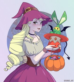 Rule 34 | 2girls, absurdres, artist name, black nails, blonde hair, candy, caruel art, commentary, demon tail, demon wings, drill hair, english commentary, food, halloween, halloween bucket, hat, highres, long hair, luna platz (mega man), mega man (series), mega man star force (series), multiple girls, nail polish, purple hat, purple skirt, skirt, smile, tail, twin drills, vogue (mega man), wings, witch hat