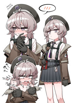 Rule 34 | 1girl, ?, ??, ahoge, averting eyes, bare legs, beret, black gloves, black necktie, blush, brown jacket, chest harness, cheyanne (girls' frontline 2), closed mouth, commentary request, confused, constricted pupils, covering breasts, covering privates, cowboy shot, double-parted bangs, embarrassed, fey (whitepaper), flat chest, flying sweatdrops, girls' frontline, girls' frontline 2: exilium, gloves, green hat, grey eyes, grey hair, grey skirt, hands up, harness, hat, highres, jacket, korean commentary, lanyard, long hair, looking at viewer, m200 (girls' frontline), miniskirt, multiple views, necktie, nose blush, off shoulder, pleated skirt, ponytail, purple necktie, shirt, sidelocks, simple background, skirt, small sweatdrop, spoken blush, standing, surprised, torn clothes, torn jacket, torn shirt, walkie-talkie, white background, white shirt