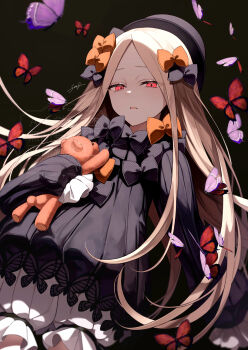 1girl abigail_williams_(fate) abigail_williams_(first_ascension)_(fate) absurdres black_dress blonde_hair bloomers bow bug butterfly commentary_request dress expressionless fate/grand_order fate_(series) hair_bow hat highres insect long_hair looking_at_viewer multiple_hair_bows parted_lips red_eyes sleeves_past_fingers sleeves_past_wrists solo stuffed_animal stuffed_toy sumi_(gfgf_045) teddy_bear underwear very_long_hair