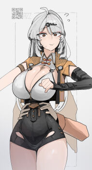 1girl armband asymmetrical_gloves azz0422 black_unitard blush breasts brown_eyes buttons elbow_gloves gloves grey_hair high-waist_shorts highres jacket long_hair shorts single_elbow_glove single_hair_intake standing sweatdrop torso_grab uneven_gloves white_background yellow_jacket yin_yang yixuan_(zenless_zone_zero) zenless_zone_zero