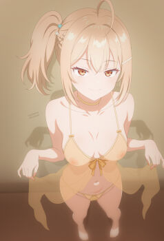 1girl absurdres ahoge audirenze babydoll barefoot blonde_hair breasts closed_mouth commentary_request covered_erect_nipples foreshortening full_body hair_between_eyes highres legs looking_at_viewer medium_breasts miyamae_nonoa navel panties side_ponytail smile solo standing tokidoki_bosotto_roshia-go_de_dereru_tonari_no_alya-san underwear yellow_babydoll yellow_eyes yellow_panties