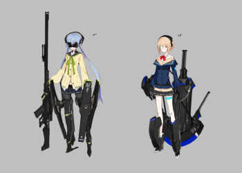 Rule 34 | 2girls, black legwear, black skirt, blonde hair, blue hair, blue skirt, cardigan, closed mouth, eyepatch, full body, grey background, gun, headgear, heavily armed high school girls, long hair, long sleeves, microskirt, miniskirt, multiple girls, neco, original, pantyhose, pleated skirt, rifle, sailor collar, san (heavily armed high school girls), school uniform, science fiction, serafuku, sheath, sheathed, short hair with long locks, sidelocks, simple background, sketch, skirt, sniper rifle, standing, sword, thighhighs, twintails, very long hair, visor, weapon, white legwear, yellow eyes