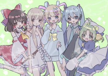 5girls ahoge animal_hands animal_hat arm_hug ascot atat_karubi bell black_skirt black_sleeves blonde_hair blue_dress blue_eyes blue_hair blue_necktie blue_sailor_collar blue_shirt blue_skirt blush bow bowtie brown_eyes brown_hair cat_hat cat_tail chii chobits chouzetsusaikawa_tenshi-chan collared_shirt commentary_request cowboy_shot crossover dejiko detached_sleeves di_gi_charat dress frilled_bow frilled_hair_tubes frilled_shirt_collar frilled_skirt frills gloves gohei green_background green_eyes green_hair grey_shirt hair_bell hair_bow hair_ornament hair_tubes hakurei_reimu hat hatsune_miku headset heart highres holding holding_gohei jingle_bell long_hair looking_at_viewer maid medium_hair miniskirt multiple_crossover multiple_girls necktie needy_girl_overdose open_mouth paw_gloves pleated_skirt puffy_short_sleeves puffy_sleeves red_bow red_shirt red_skirt ribbon-trimmed_sleeves ribbon_trim sailor_collar shirt short_hair short_sleeves sidelocks skirt skirt_set sleeveless sleeveless_shirt smile sundress tail touhou v-shaped_eyebrows very_long_hair vocaloid white_dress white_sleeves yellow_ascot yellow_bow yellow_bowtie