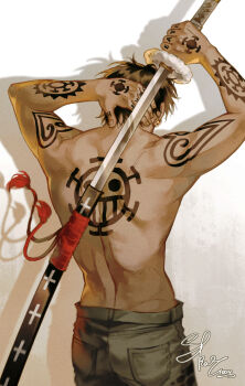 1boy back back_focus back_tattoo black_hair cowboy_shot denim earrings facing_away highres holding holding_sword holding_weapon jeans jewelry male_focus one_piece pants sheath short_hair skar_1004 solo sword tan tattoo toned toned_male topless_male trafalgar_law unsheathing weapon