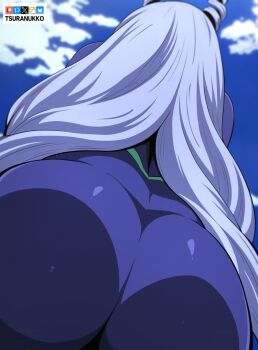 1girl artist_name ass blue_bodysuit blue_hair blue_sky bluesky_logo bodysuit boku_no_hero_academia cloud commentary day fanbox_logo from_behind from_below hado_nejire huge_ass long_hair outdoors patreon_logo pixiv_logo sky solo tsuranukko twitter_x_logo very_long_hair wide_hips