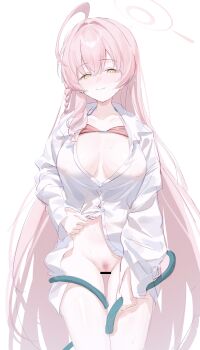 1girl absurdres ahoge bar_censor bikini bikini_top_lift bikini_under_clothes blue_archive blush bottomless braid breasts breasts_apart bright_pupils censored chinese_commentary cleft_of_venus closed_mouth clothes_lift collarbone collared_shirt colored_pubic_hair commentary_request covered_erect_nipples cowboy_shot crossed_bangs female_pubic_hair green_eyes groin hair_between_eyes halo halterneck hanako_(blue_archive) hanako_(swimsuit)_(blue_archive) hand_up highres holding holding_hose hose krixxis4 large_breasts lifting_own_clothes long_hair looking_at_viewer nipples official_alternate_costume partially_unbuttoned pink_halo pink_pubic_hair pubic_hair pussy red_bikini see-through_clothes see-through_shirt shirt shirt_lift side_braid simple_background single_braid smile solo standing sweat swimsuit thigh_gap very_long_hair wet wet_clothes wet_shirt white_background white_pupils white_shirt