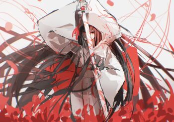 1girl black_hair bridal_veil hashtag-only_commentary hasugu highres holding holding_sword holding_weapon hood japanese_clothes katana kimono limbus_company long_hair long_sleeves looking_at_viewer obi project_moon red_eyes ryoshu_(project_moon) sash see-through_clothes shiromuku simple_background solo sword uchikake veil wataboushi weapon white_background white_kimono wide_sleeves