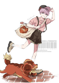 Rule 34 | 1boy, alternate costume, bag, black hat, brown eyes, brown shorts, character print, collared shirt, commentary request, dachsbun, eyelashes, grin, hand on headwear, hat, highres, knees, leg up, male focus, nintendo, ortega (pokemon), pink shirt, pokemon, pokemon (creature), pokemon sv, shirt, shoes, short hair, short sleeves, shorts, smile, socks, standing, standing on one leg, teeth, watermark, white background, white socks, yakoend