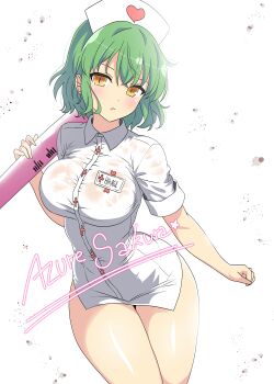1girl absurdres azuresakura blush breasts cowboy_shot cross dress green_hair groin hair_between_eyes hat heart highres hikage_(senran_kagura) holding holding_syringe large_breasts large_syringe looking_at_viewer name_tag nurse nurse_cap oversized_object red_cross senran_kagura senran_kagura_shinovi_versus senran_kagura_shoujo-tachi_no_shin&#039;ei shiny_skin short_hair short_sleeves signature simple_background slit_pupils solo standing syringe thighs white_background white_dress yellow_eyes