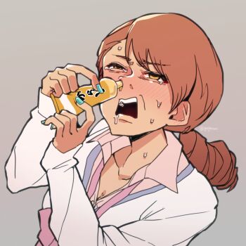 1girl blue_nails blush bottle brown_hair commentary_request fingernails gojarun grey_background half-closed_eyes hojo_karen holding holding_bottle idolmaster idolmaster_cinderella_girls long_fingernails long_sleeves mustard mustard_bottle nail_polish nostrils open_mouth shirt simple_background sleeves_past_wrists snorting solo sweat teeth twitter_username upper_body upper_teeth_only what white_shirt yellow_eyes