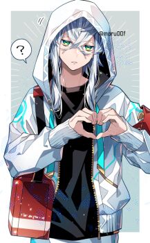 1boy armband asclepius_(fate) asclepius_(summer_rescue)_(fate) bag black_shirt clothes_pin commentary cowboy_shot crossed_bangs fate/grand_order fate_(series) green_eyes heart heart_hands hood hood_up hooded_jacket jacket looking_at_viewer male_focus moru parted_lips red_armband shirt short_hair_with_long_locks shoulder_bag solo symbol-only_commentary teeth twitter_username white_hair white_jacket