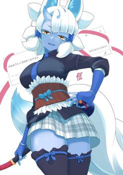 Rule 34 | animal ears, belt, black shirt, black thighhighs, blue gloves, blue necktie, blue skin, brown belt, collared shirt, colored skin, elbow gloves, extra ears, fingerless gloves, fox ears, fox girl, fox tail, from below, fur trim, ginkaku (kemono friends), gloves, grey skirt, hair between eyes, hair tubes, hand on own hip, highres, horns, kemono friends, looking at viewer, necktie, odaibako, orange eyes, plaid clothes, plaid skirt, pleated skirt, quad tails, shirt, short hair, short twintails, sidelocks, single horn, skirt, tail, thighhighs, translation request, twintails, whip, white fur, white hair, yongo ichifu, zettai ryouiki